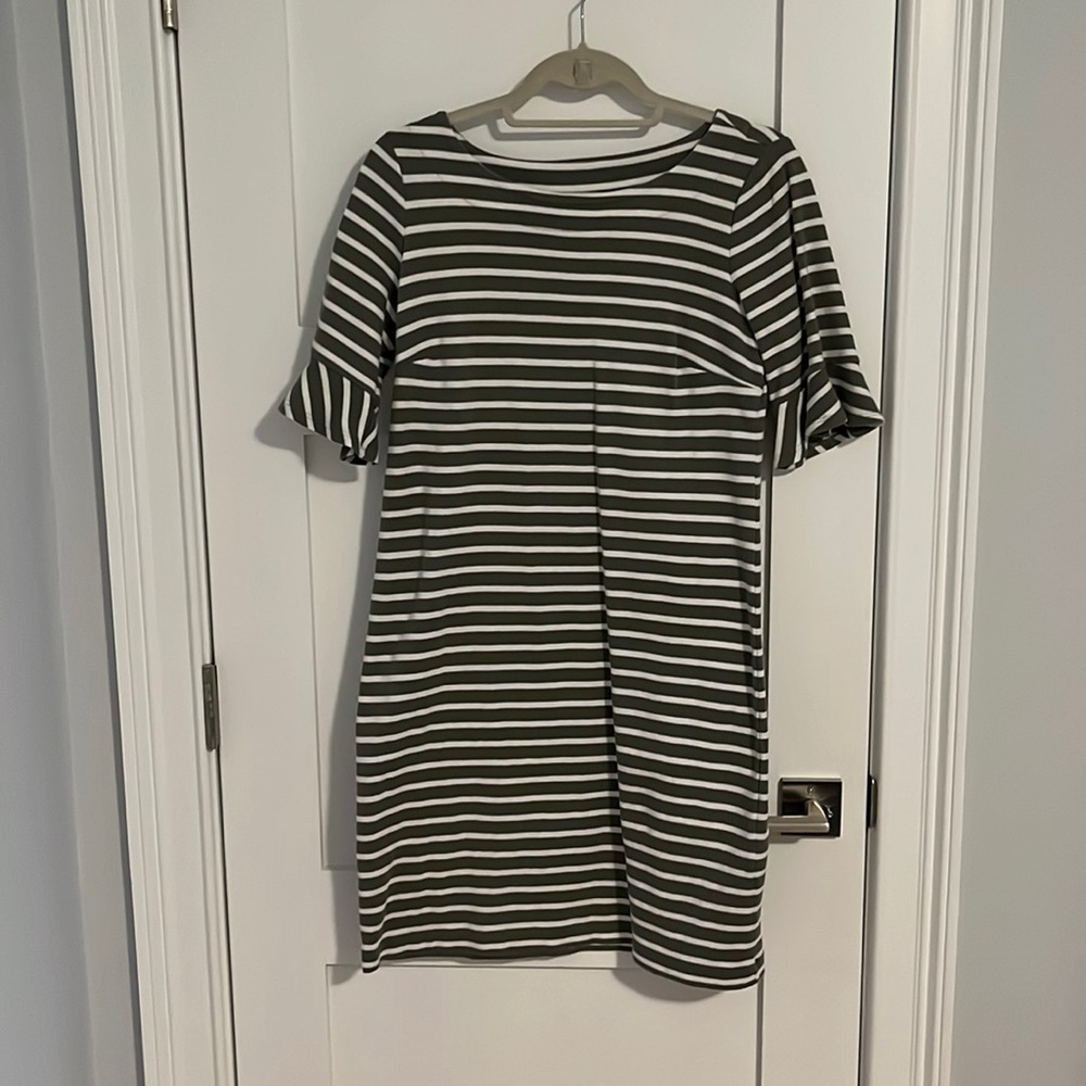 Talbots Cotton Midi Dress with Ruffle Sleeves Green and White Stripe - Size SP